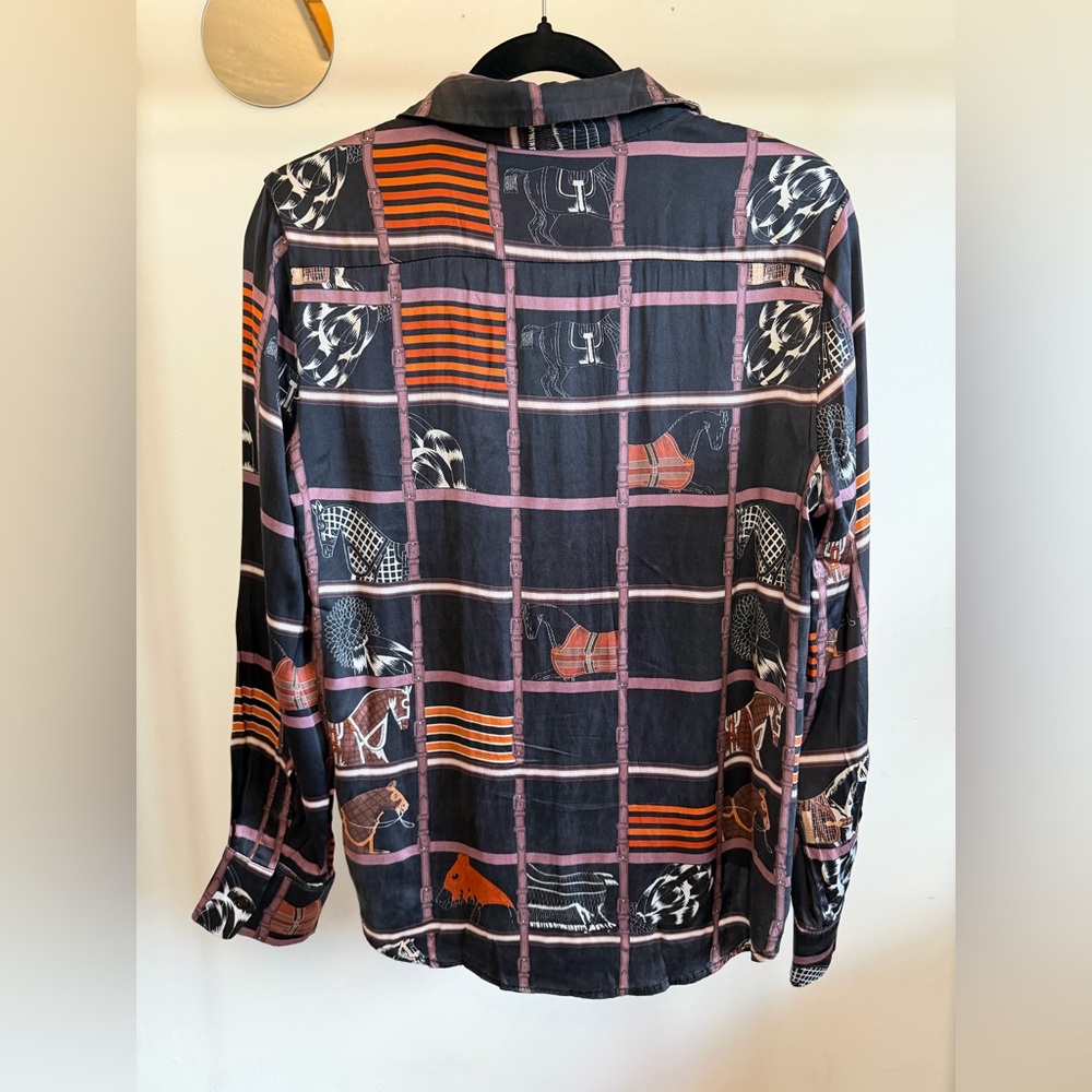 100% Silk Equestrian Horse Print Blouse Size L - Picture 3 of 9
